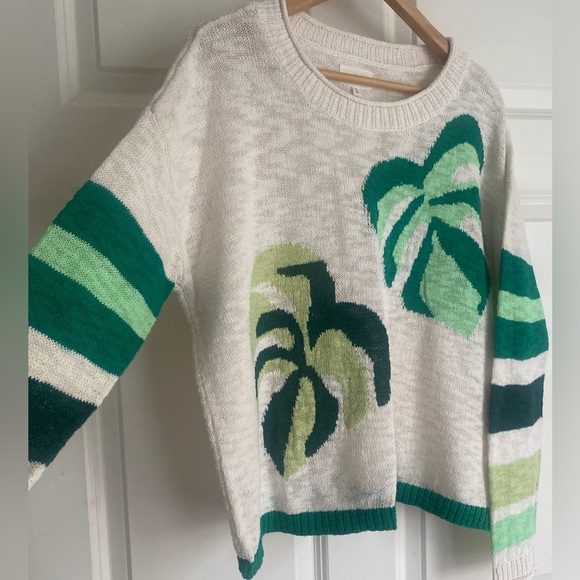 LOFT Lou & Grey Palm Leaf Sweater Size S Cotton Blend Casual Summer White Green - Picture 3 of 16